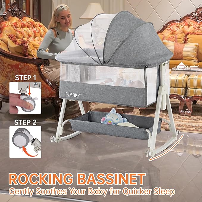 3 in 1 Baby Bassinet Bedside Sleeper, 6 Height Adjustable Portable Baby Crib Bedside Bassinet with Wheels, Mosquito Net & Storage Basket for Safe Co-Sleeping, Fit for Newborn/Infants (Gray)
