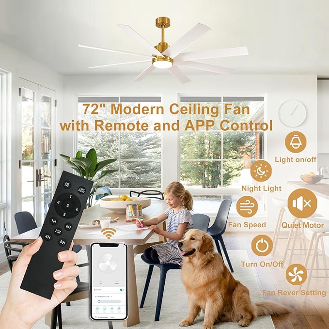 Depuley 72" Large Ceiling Fans with Lights and Remote App, Indoor Modern Ceiling Fan for Kitchen Living Room Covered Patio, 5 Speed Reversible Quiet DC Motor, 3 CCT, 8 Blades, Timer