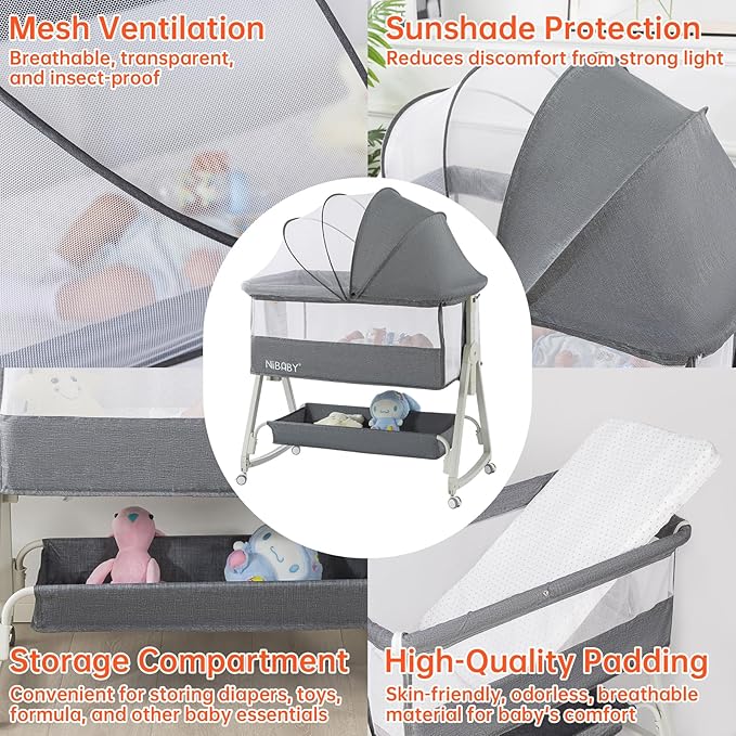 3 in 1 Baby Bassinet Bedside Sleeper, 6 Height Adjustable Portable Baby Crib Bedside Bassinet with Wheels, Mosquito Net & Storage Basket for Safe Co-Sleeping, Fit for Newborn/Infants (Gray)
