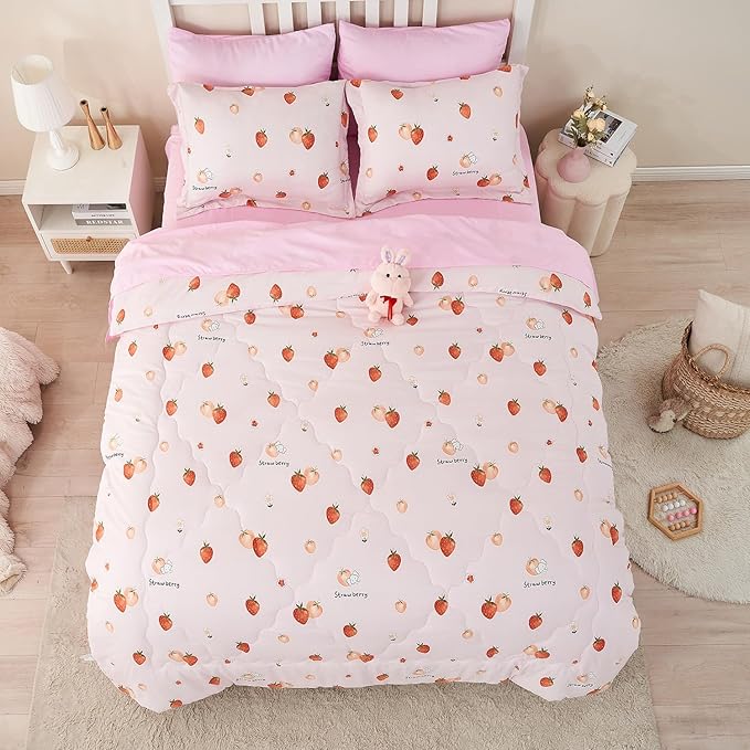 Wajade Girls Strawberry Comforter Set Bed in A Bag Full Size 7 Piece Pink 3D Cute Strawberry Fruit Bedding Set for Kids (1 Comforter, 1 Flat Sheet, 1 Fitted Sheet, 2 Pillowcase and 2 Pillow Sham)