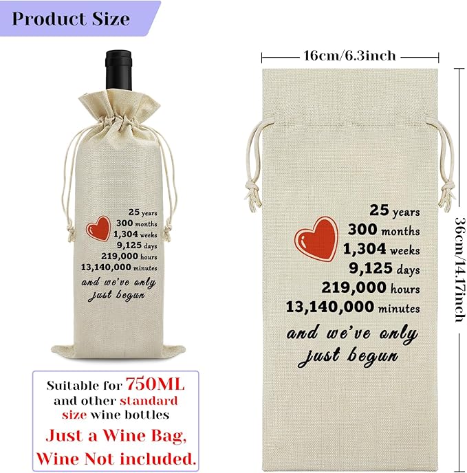 25th Year Marriage Gift for Couple Wife Husband Wine Bag 25th Anniversary Wedding Gift for Women Men Wine Gift Bag Birthday Christmas Valentine Gift for Him Her Drawstring Wine Wrapping Bag