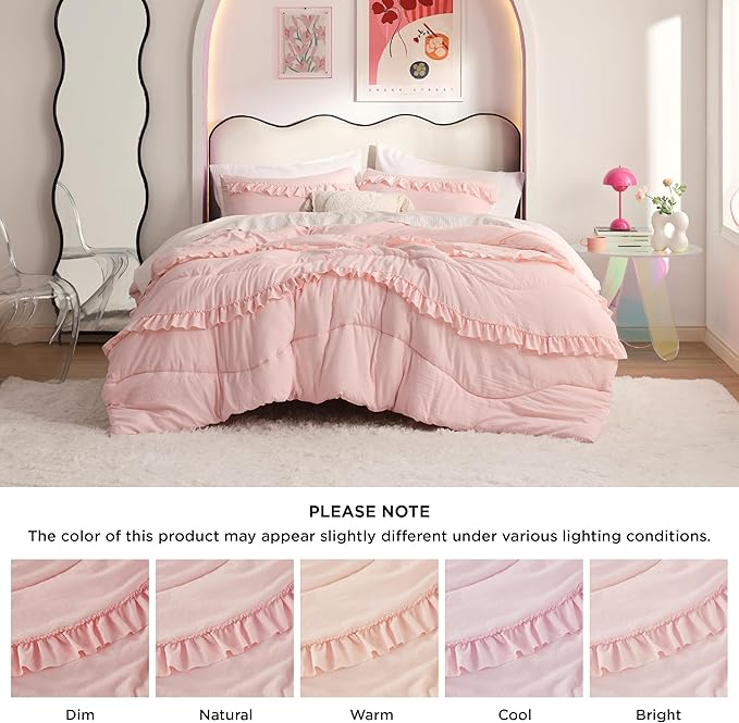 Bedsure Pink Comforter Set Queen - Ruffle Comforter, Cute Shabby Chic Boho Bedding Comforter Set for Girls, Lightweight Fluffy Soft Bed Set with 2 Pillow Shams
