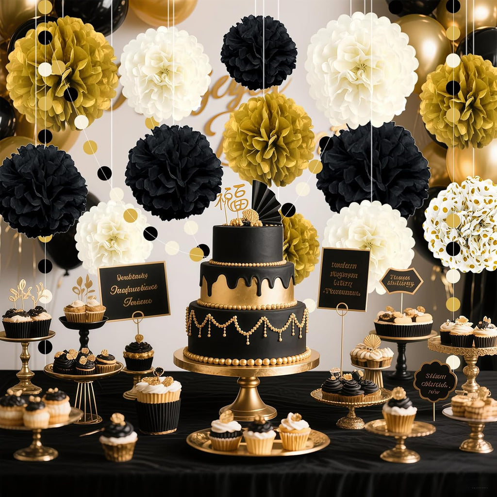 Black and Gold Party Decorations, 16 PCS Tissue Paper Pom Poms Dots Paper Garland Kit for New Year Party, Graduation, Wedding, Birthday, Engagement, Baby Shower, Retirement Party Decor
