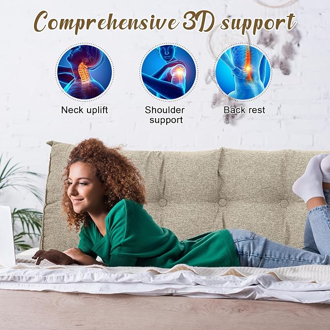 Wenqik Wedge Pillow Triangular Dorm Headboard Bed Rest Reading Backrest Back Support Long Bolster Pillow with Removable Cover for Dorm Room Supplies(Khaki Gray,Queen (59 x 20 x 8 Inch))