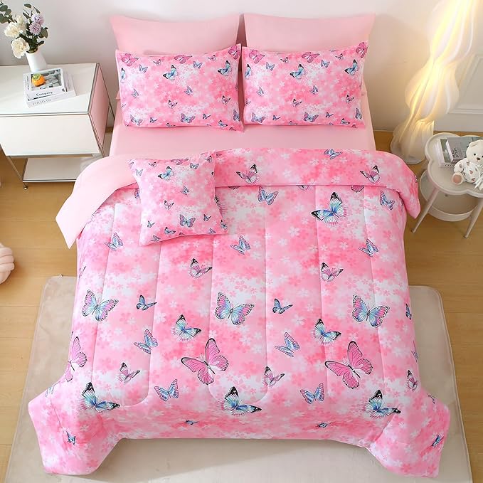 JQinHome 8 Piece Butterfly Comforter Set Full, 3D Pink Flower Printed Butterfly Bedding Set,All Season Microfiber Butterfly Theme Home Decor Bedding for Girls with Sheet Sets(Pink)