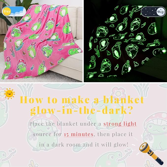 Cute Frog Blanket Glow in The Dark Blanket Frog Gifts for Kids Girls Frog Decor 50"x60"