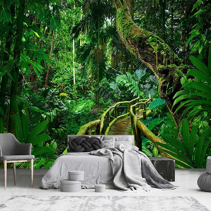 3D Green Forest Wooden Bridge Wallpaper for Living Room Sofa Background Wall (Not Peel and Stick)