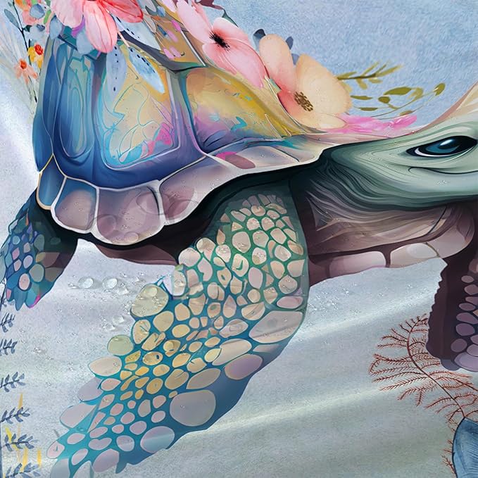 AILONEN Sea Turtle Shower Curtain,Kawaii Sea Turtle Bath Curtain Cloth Fabric Bathroom 48" W*72" H Inch,12 Pack Hooks for Kids,Ocean Animal Themed Bathroom Curtain