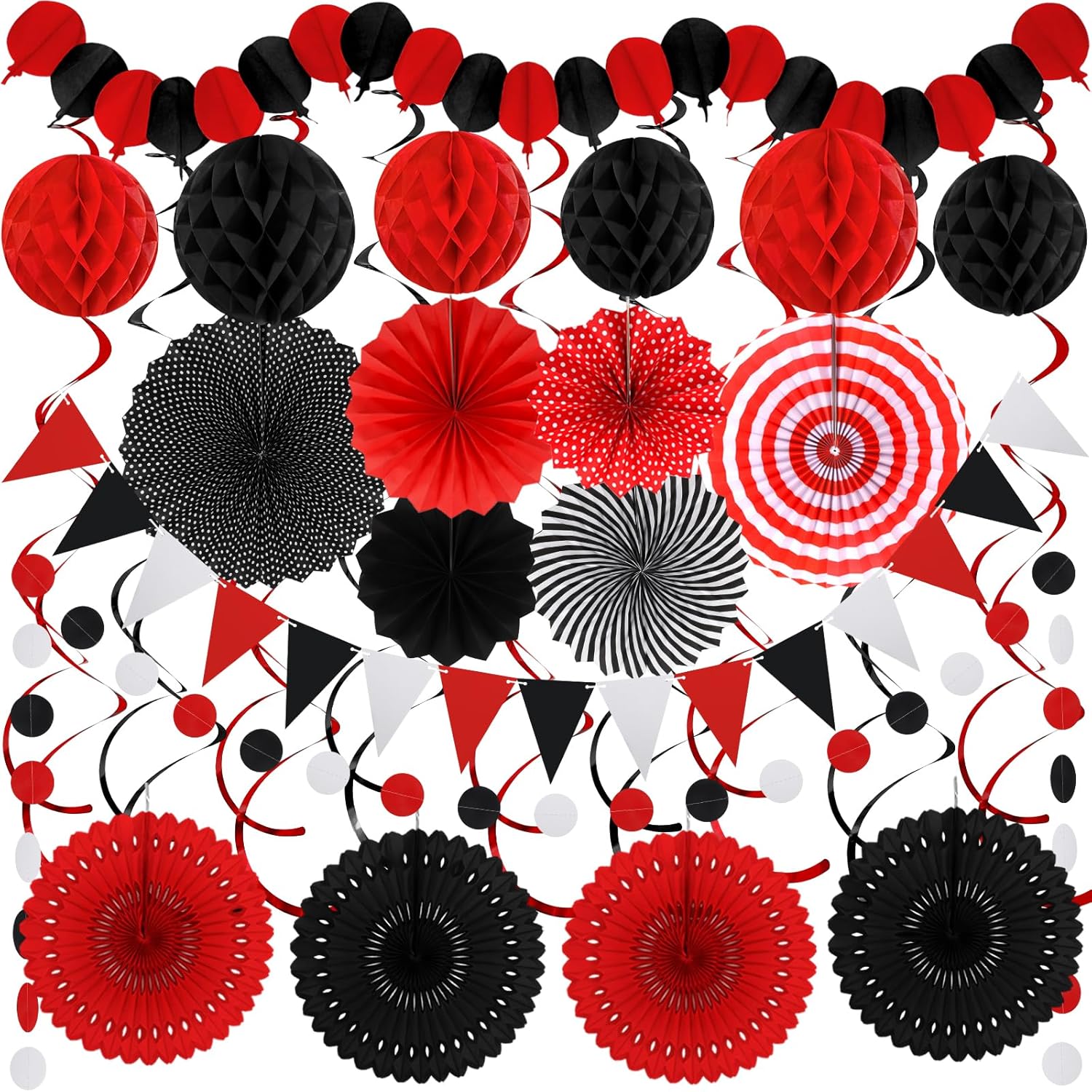 Black Red Party Decorations, Easy Assembly Paper Fan Honeycomb Ball Garland Hanging Swirl Graduation Party Supplies for Boy Girl Women Birthday Congrats Grad Party Decorations