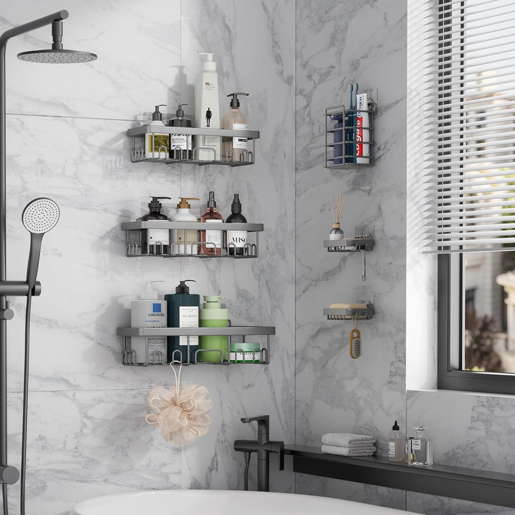 Veken 6-Pack Rustproof & Waterproof Shower Caddy, Adhesive Shelves Rack, Large Capacity Bathroom, College Dorm & Apartment Organizers, No-Drill Wall Mount Living Room & Bedroom Decor, Light Grey