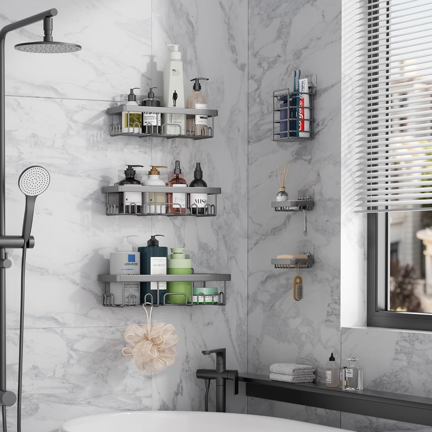 Veken 6-Pack Rustproof & Waterproof Shower Caddy, Adhesive Shelves Rack, Large Capacity Bathroom, College Dorm & Apartment Organizers, No-Drill Wall Mount Living Room & Bedroom Decor, Light Grey