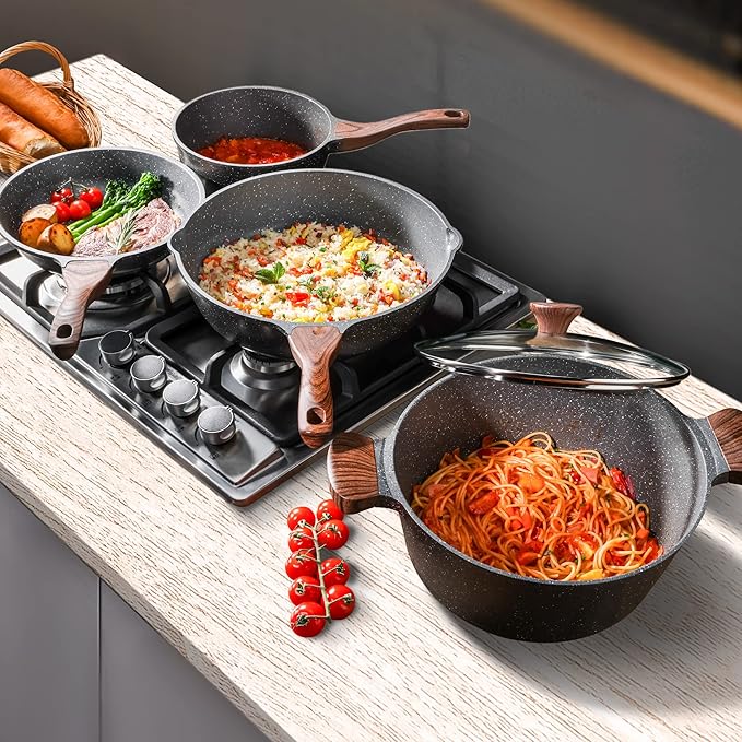 SENSARTE Nonstick Cookware Set 8-Piece, Healthy Pots and Pans Non-toxic Kitchen Cooking Set with Swiss Granite Coating, Stay-Cool Handles, Induction Compatible, PFOA free