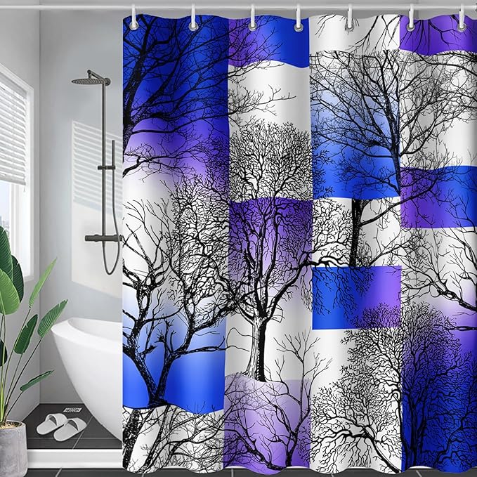 AILONEN Blue and White Tree Abstract Shower Curtain,Minimalist Printed Plant Tree Arts Bath Curtain,Modern Boho Waterproof Curtain for Bathroom Decor, 72" W x 78" H