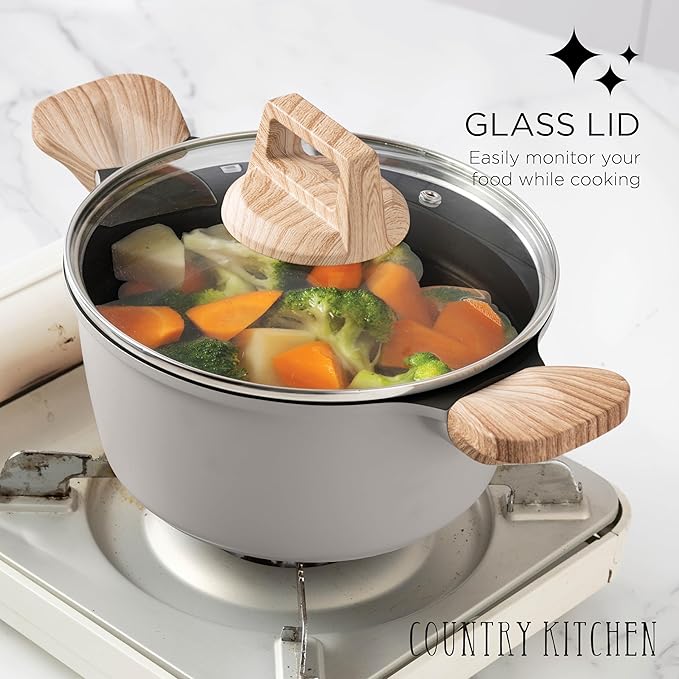 Country Kitchen Pots and Pans Set Nonstick, Cast Aluminum Kitchen Cookware Set with Utensils, 14 Pcs Non Stick Cooking Set w/Frying Pans & Saucepans