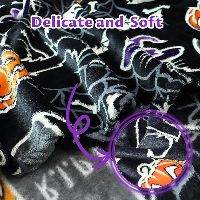 Halloween Throw Blankets Glow in The Dark Blanket Black Cat and Pumpkin Blanket for Women 50"x60"