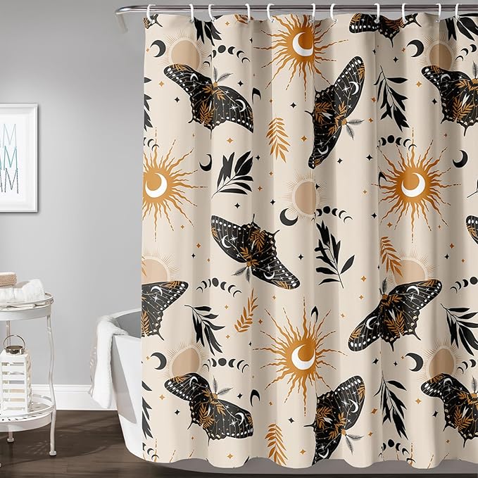 AILONEN Moth Shower Curtain,Sun and Moon Death Moth Bath Curtain for Bathroom Decor,Polyester Waterproof with 12 Plastic Hooks 60" W*72" H
