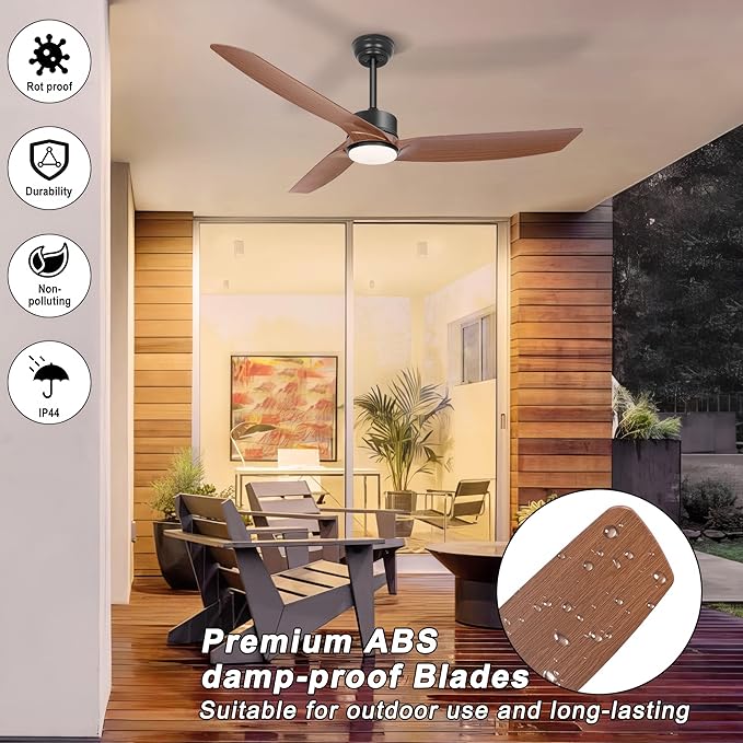 Ohniyou 56 Inch Ceiling Fan with Lights, Modern 3 Blades Ceiling Fan with Remote/APP Control Dimmable 3 CCT, Walnut Indoor Outdoor Ceiling Fan for Covered Patios Farmhouse Living Room