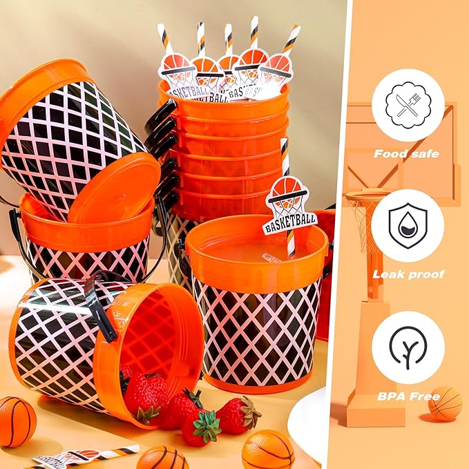 36 Pcs 32oz Basketball Party Favors Rum Buckets Plastic Basketball Cocktail Buckets for Drinks Plastic Ice Pail Bulk with Handle and Straw Reusable Punch Bowls for Drinkware Beer Beverage
