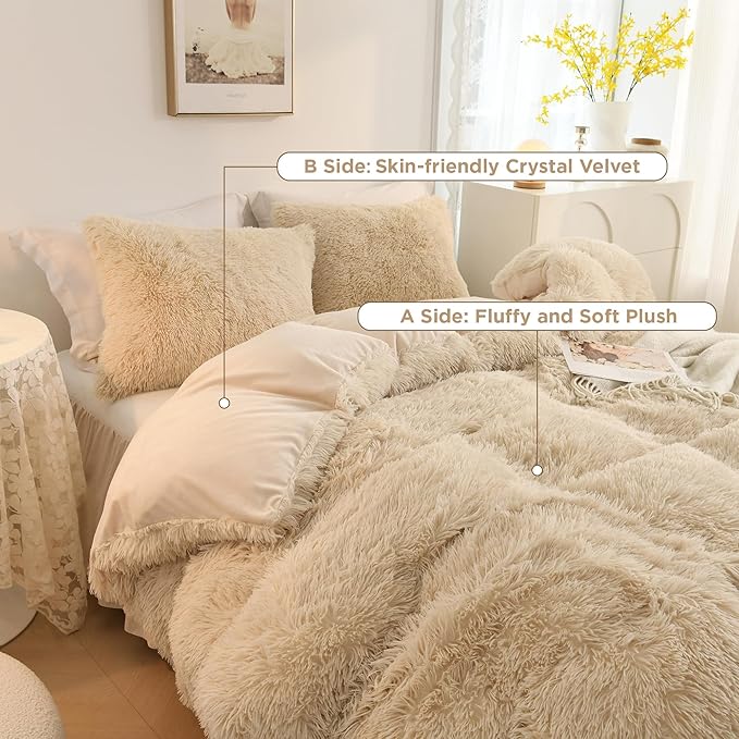 Litanika Beige Plush Comforter Full Size, Luxury Fluffy Shaggy Bedding Set for Full Bed, Ultra Soft Velvet Faux Fur Comforter 3 Pieces(1 Fuzzy Comforter 79×90 Inch, 2 Pillowcases)