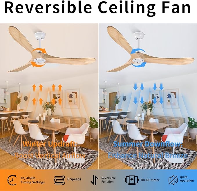 Bigzone 60" Modern Ceiling Fan No Light, Energy Efficient DC Motor, 3 Balsa Wood Blades, Wood Ceiling Fan With Remote Control,Reversible Blades