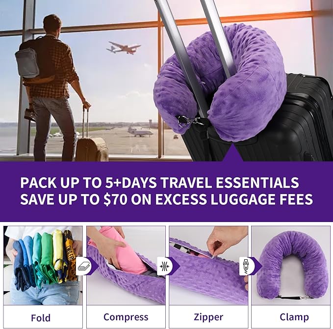 Stuffable Travel Pillow for Extra Luggage, Travel Neck Pillow Stuffable with Clothes, Stuffable Neck Pillow for Travel, Velvet Travel Neck Pillow Storage Bag, Fillable Luggage Pillow (Purple)