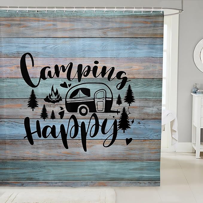 Feelyou Camper Bathroom Shower Curtain Set Happy Camping Bath Curtain Camping Shower Curtain Cartoon Camping Kids Bathroom Accessories 72"x72"