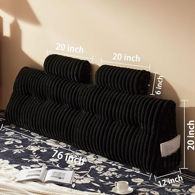 Faux Fur Headboard Pillow with 2 Pack Neck Roll Pillow Large Headboard Pillow Soft and Supportive with Removable Cover (Black, King)