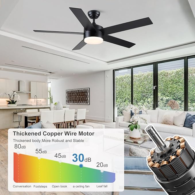 52 inch Black Ceiling Fans with Lights and Remote Control, LED Ceiling Fan Dimmable 3-Color Temperatures 6-Speed, Quiet Modern Ceiling Fan for Bedroom, Living Room, Dining Room