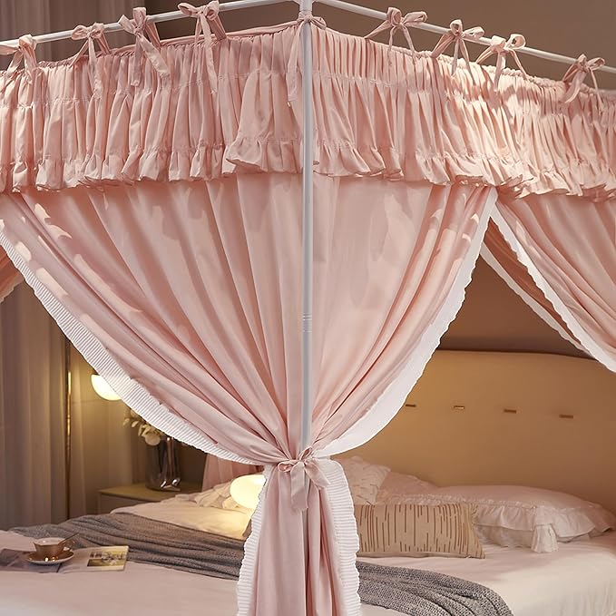 4 Corners Post Princess Ruffle Curtain Bed Canopy Lace Up Elastic Cozy Breathable Tent Mosquito Net for Girls Bedroom Decoration(Pink, 59-64" W*82" L*82" H/Queen)