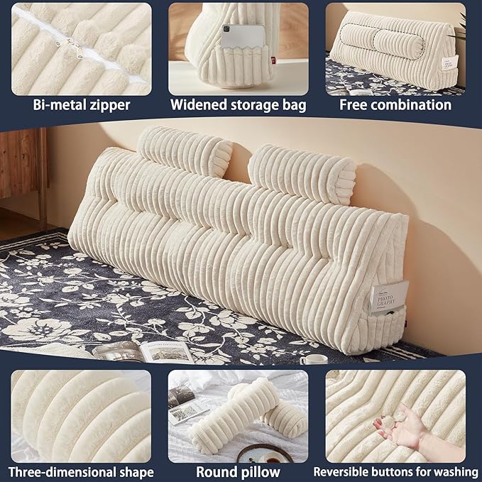 Faux Fur Headboard Pillow with 2 Pack Neck Roll Pillow Large Headboard Pillow Soft and Supportive with Removable Cover (Beige, King)