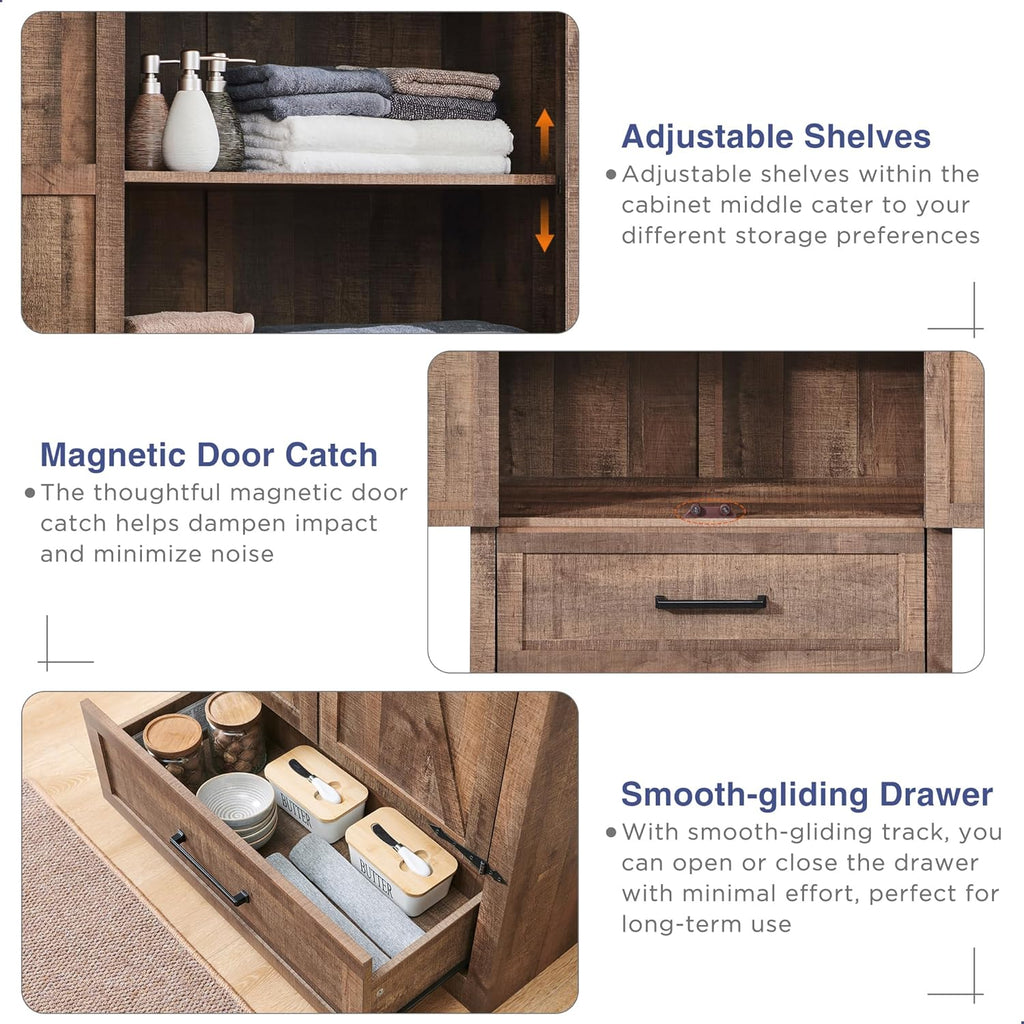 Farmhouse Kitchen Pantry Cabinet - 72" Tall Wood Kitchen Storage Cabinets with Adjustable Shelves & 2 Barn Doors & Drawer, Versatile Storage for Dining Room, Bathroom, Utility Room, Light Brown