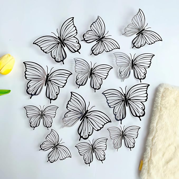 3D Butterfly Wall Decor 3 Sizes 4 Styles, Kurilai 48Pcs Butterfly Decorations Party Birthday Cake Decoration, Removable Wall Stickers for Kids Nursery Wedding Bedroom Room Decor (Black)