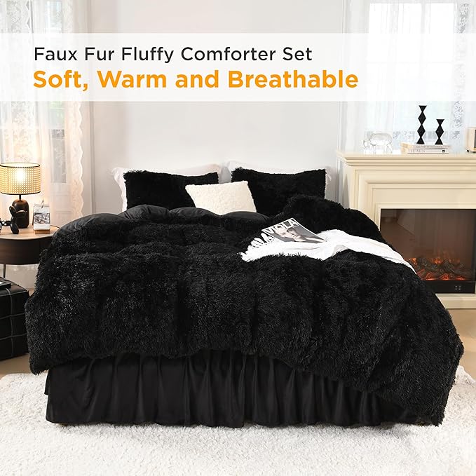 Litanika Black Fluffy Comforter Queen, Luxury Fuzzy Plush Faux Fur Bedding Set for Queen Bed, Ultra Soft Velvet Warm Comforter 3 Pieces(1 Shaggy Comforter 90×90 Inch, 2 Pillowcases)