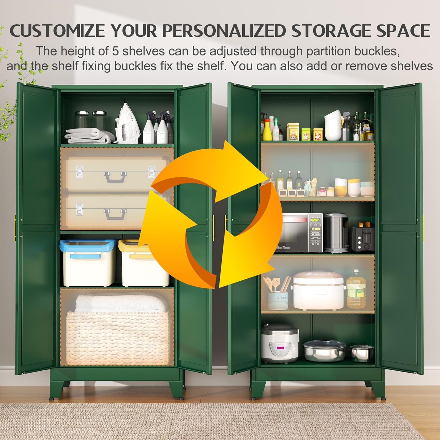 75.2" Tall Kitchen Food Pantry, Pantry Cabinet with 2 Door and 5 Adjustable Shelves, Green Laundry Room Cabinets, Freestanding Pantry for Kitchen, Study Room, Dining Room and Entryway