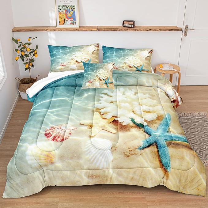 Bedbay California King Comforter Set Beach Themed Bedding California King Beach Comforter Set Coastal Beach Starfish Pattern Oversized 4 Pieces Beach Quilt Comforter Set(104" Wx96 L)