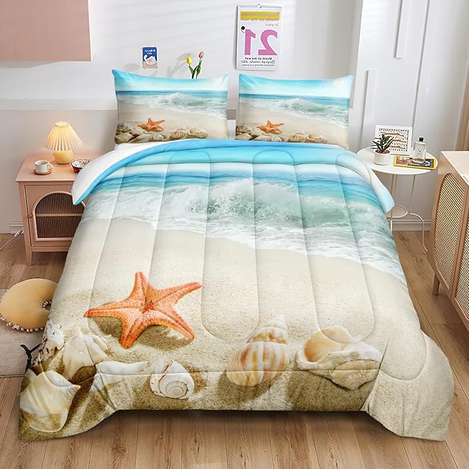 Bedbay Seashell Comforter Coastal Bedding Comforter Set Twin Size Boys Girls Beach Theme Bedding Set Beach Room Decor Starfish Seashore Beach Quilt Set 3 Pcs (Conch,Twin)