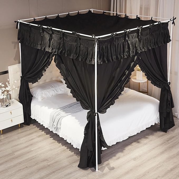 Ruffle Lace up 4 Corners Post Princess Curtain Bed Canopy Cozy Breathable Mosquito Net Cloth for Girls Adults Bedroom Decoration (Black, 78" W*86" L*82" H/King)