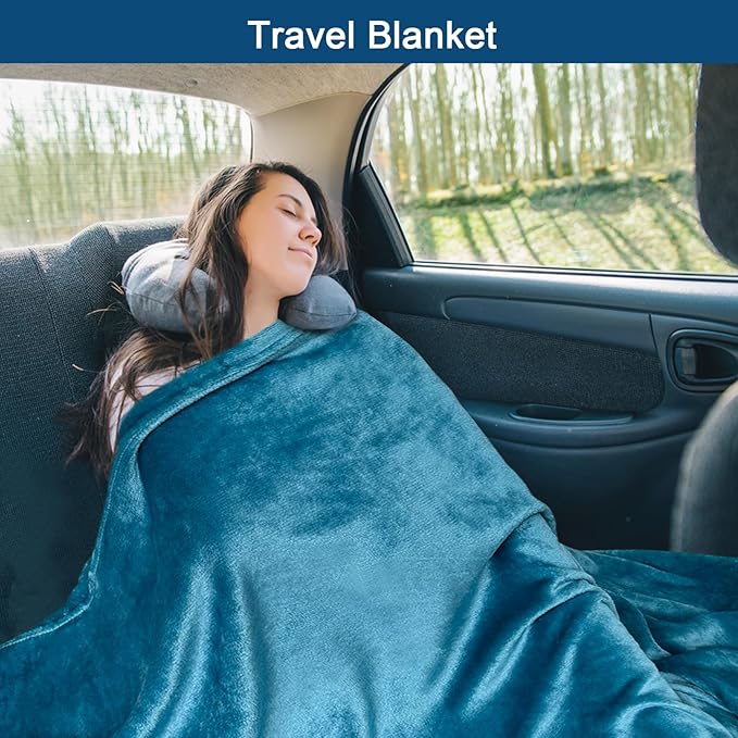 Bnuitland Travel Blanket and Pillow 2 in 1, Soft Flannel Airplane Blanket in Bag Compact-Long Flight Essential for Adults and Kids, Portable Luggage Sleeve and Backpack Clip, 65×40 inch Teal Blue