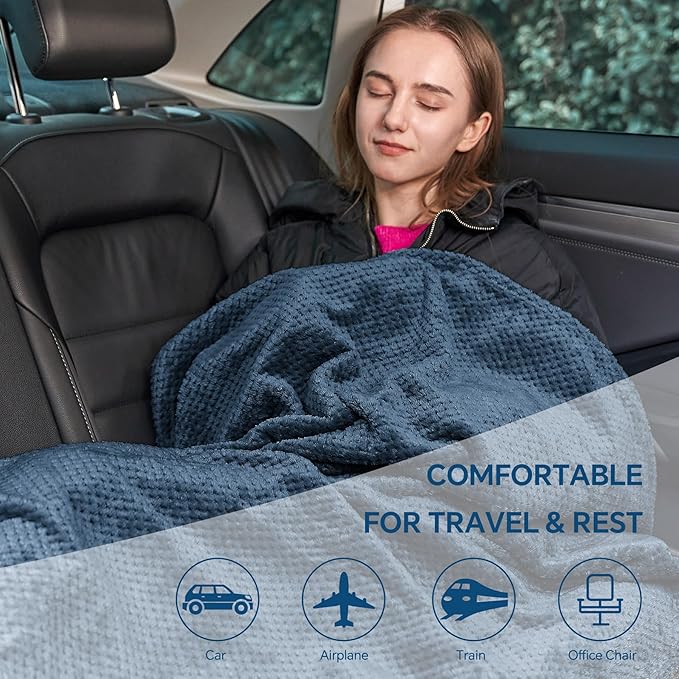 BEDELITE Travel Blanket Airplane Compact with Bag, Portable and Packable 2 in 1 Travel Pillow and Blanket Set, Airplane Blanket Travel Essentials with Luggage Sleeve & Backpack Clip, Navy Blue