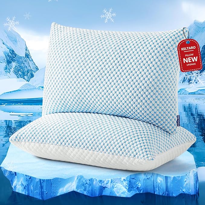 Shredded Memory Foam Pillows Standard Size Set of 2 Pack, Adjustable Cooling Bed Pillow for Side Back Sleepers with Washable Removable Cover