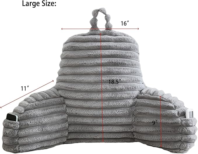 WERDIM Reading Pillow for Sitting in Bed, Faux Fur Back Pillow for Bed Rest, Bed Chair Pillow with Arms and Pockets(Large, Grey)