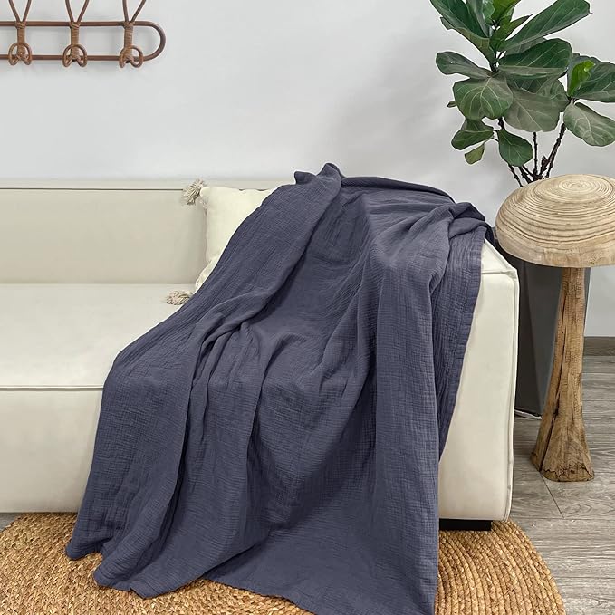 Lulu moon Muslin Blankets for Adults 55”x75” - Kids Couch Throw Blanket for Boys - Light Weighted Organic Muslin Quilt for Sofa and Bed (Blue)