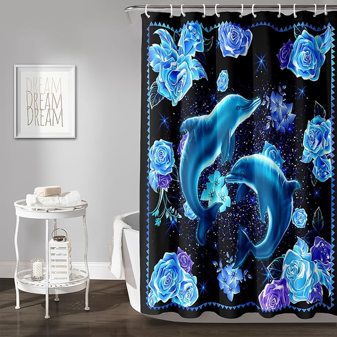 AILONEN Catrtoon Dolphin Shower Curtain Bathroom 72" W*72" H Blue Dolphin Curtain Cloth Fabric Bathroom for Kids Girls,3D Blue Rose with Jumping Dolphins Shower Curtain Set