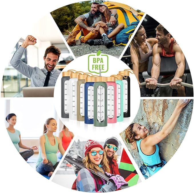 32 oz Glass Water Bottles with Straw - Motivational Glass Water Bottle with Time Marker & Silicone Sleeve - Reusable Glass Tumbler Includes 2 Bamboo Lids & Fruit Infuser - 1 Pack