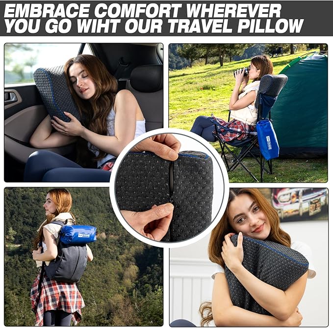 Travel & Camping Comfortable Memory Foam Pillow – Easy to Carry Portable Bag – Temperature Regulating Pillow Case - Perfect for Travelling, Grey Contour