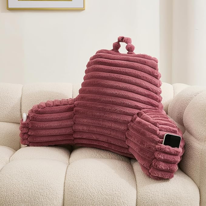 WERDIM Reading Pillow for Sitting in Bed, Faux Fur Back Pillow for Bed Rest, Bed Chair Pillow with Arms and Pockets(Large, Dusty Rose)