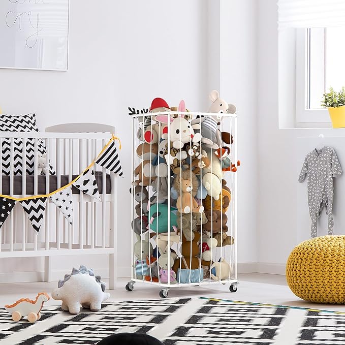210L Stuffed Animal Organizer Plush Toy Storage Organizer Toy Storage Basket, Kids Toy Storage Bins with Wheels, Metal Frame and Elastic Cord Design, Suitable for Storage of Any Stuff