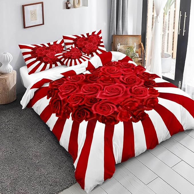Bedbay Rose Flowers Queen Comforter Set Floral Bedding Set for Girls Teen Red Rose Love Heart Printed 4 Pieces Girls Queen Bedding Set Romantic Lovers Couple Bedding Set (Red Heart,Queen)
