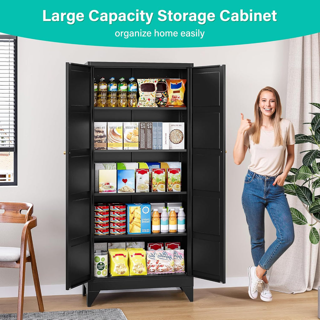 Metal Storage Cabinets with 2 Doors and 5 Shelves,Tall Storage Cabinet,Large Cupboard Closet,Pantry Storage Cabinet for Home,Office,Bathroom,Dining/Living Room (Black, 72" H)