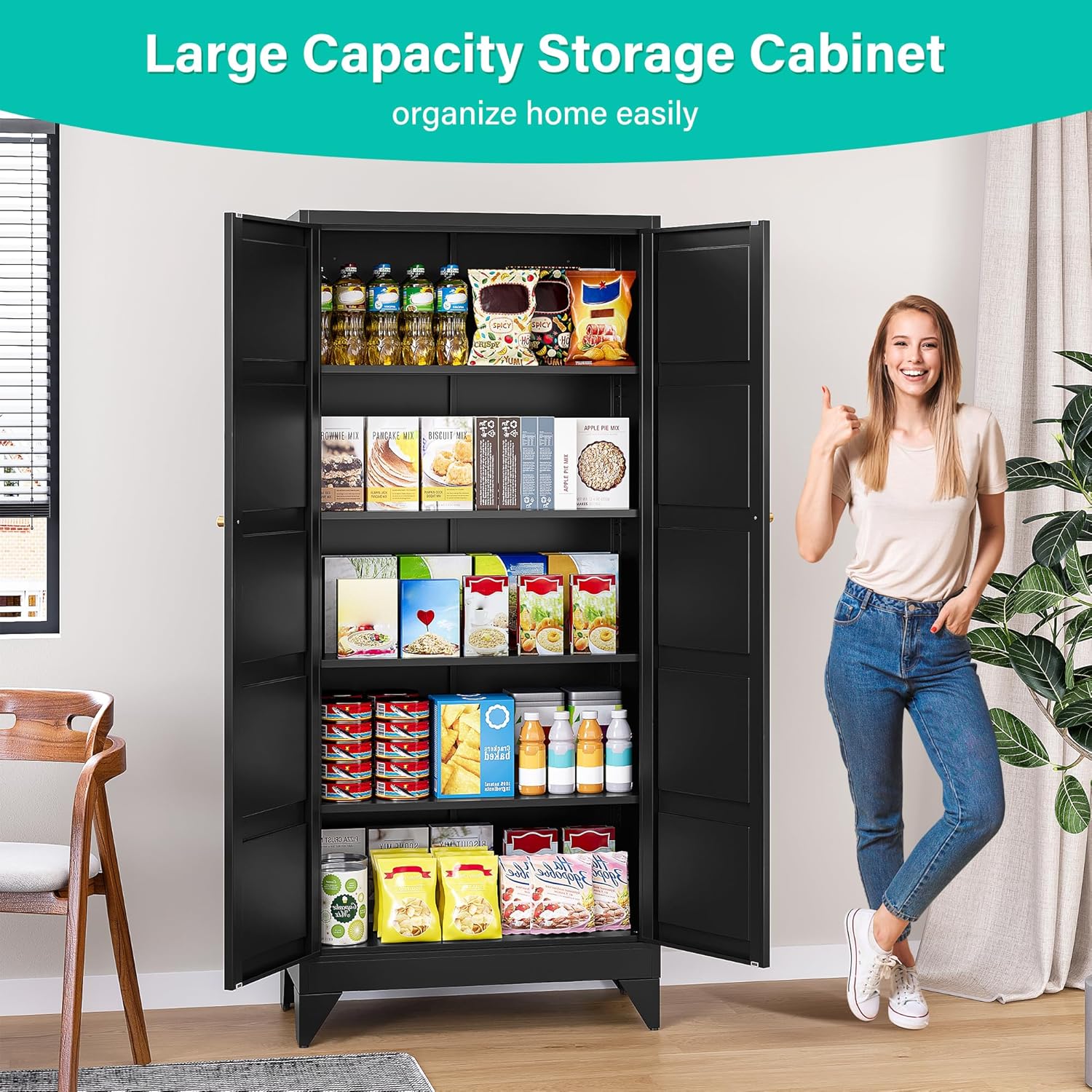 Metal Storage Cabinets with 2 Doors and 5 Shelves,Tall Storage Cabinet,Large Cupboard Closet,Pantry Storage Cabinet for Home,Office,Bathroom,Dining/Living Room (Black, 72" H)